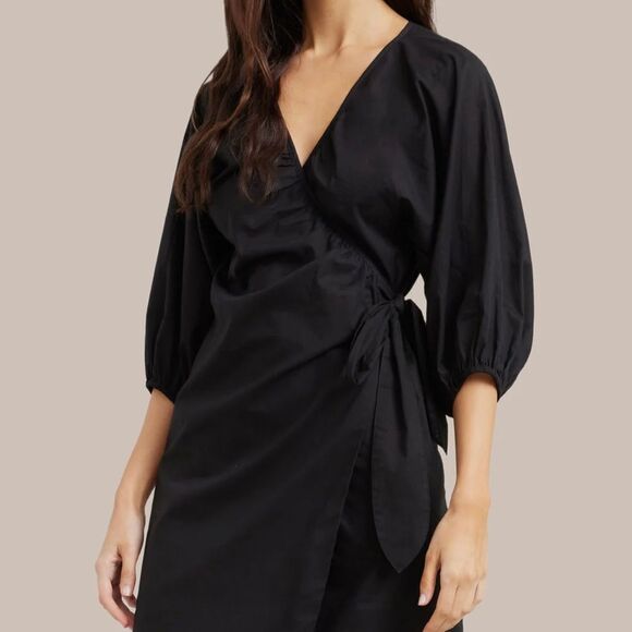 Modern Citizen | Opal Puff Sleeve Wrap Dress | Black Small S - Picture 2 of 7